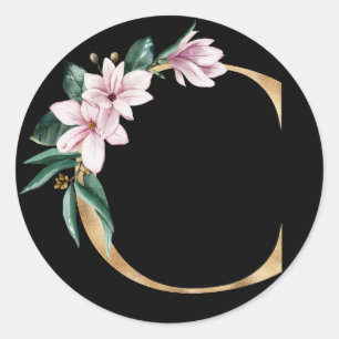 Sticker Rond Monogramme de magnolia floral en lettre C or