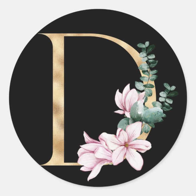 Sticker Rond Monogramme de magnolia floral en lettre D or (Devant)