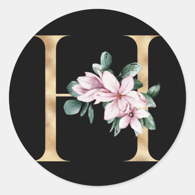 Sticker Rond Monogramme de magnolia floral en lettre H or (Devant)