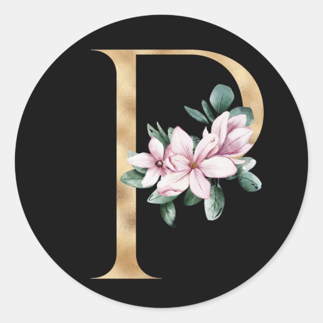 Sticker Rond Monogramme de magnolia floral en lettre P or (Devant)
