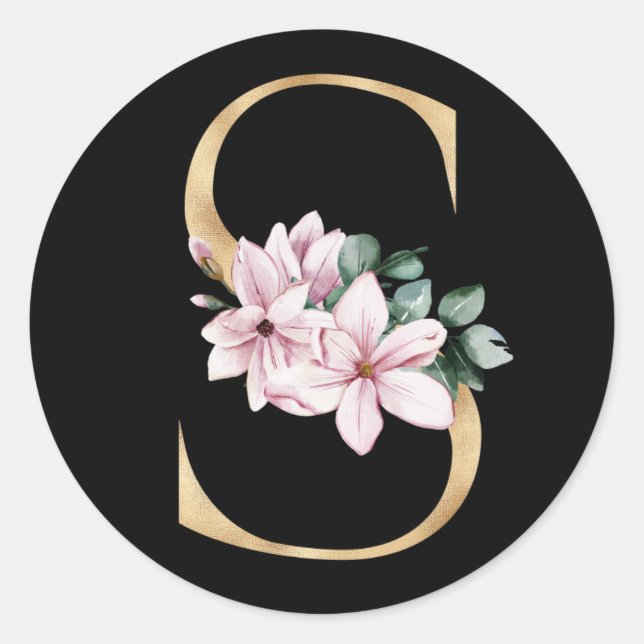 Sticker Rond Monogramme de magnolia floral en lettre S or (Devant)