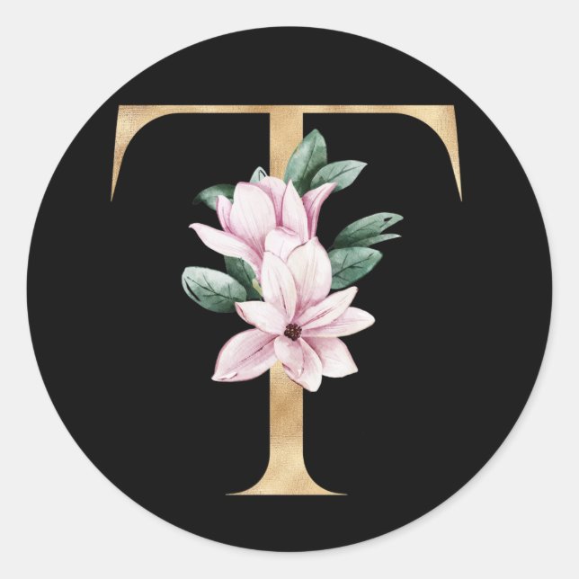 Sticker Rond Monogramme de magnolia floral en lettre T or (Devant)