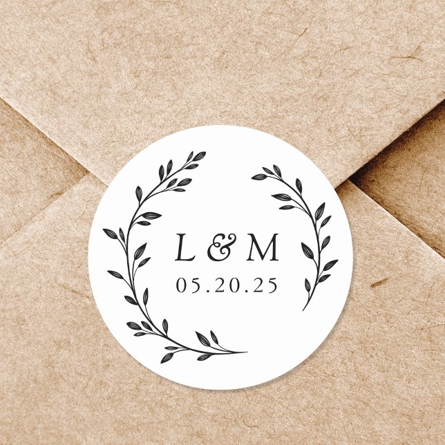 Sticker Rond Monogramme de mariage à la couronne de laurier (Créateur téléchargé)