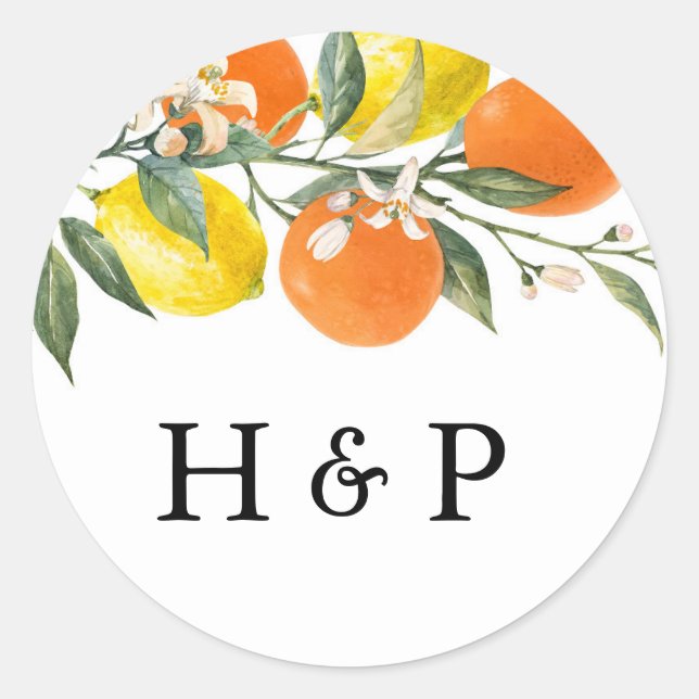 Sticker Rond Monogramme de mariage à l'orange et au citron bota (Devant)