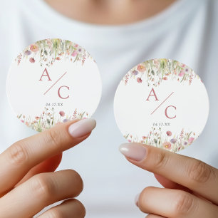 Sticker Rond Monogramme de mariage aux fleurs sauvages romantiq