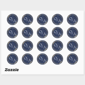 Sticker Rond Monogramme de mariage bleu et or, cadeau de fête