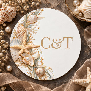 Sticker Rond Monogramme de mariage côtier aux coquillages de Ch