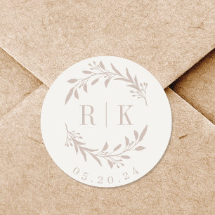 Sticker Rond Monogramme de Mariage de couronne rose rustique