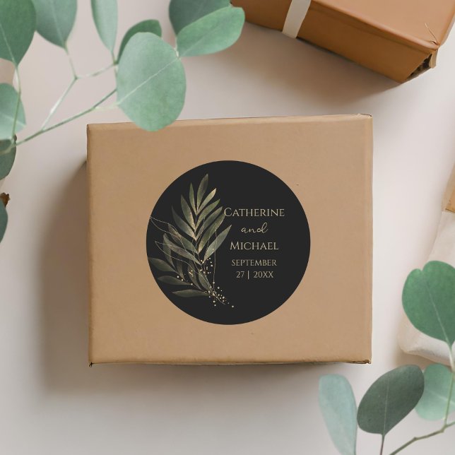 Sticker Rond Monogramme de Mariage de feuille d'or noir moderne (Créateur téléchargé)