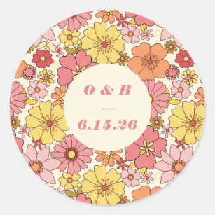 Sticker Rond Monogramme de Mariage de fleurs rose-jaune rétro B