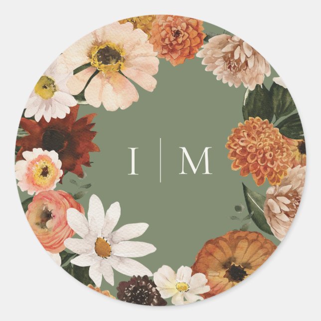 Sticker Rond Monogramme de mariage élégant Boho de fleurs sauva (Devant)