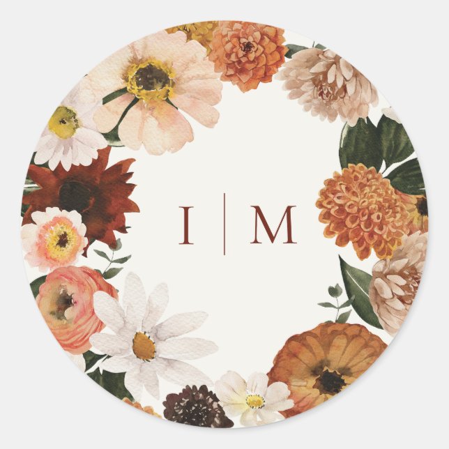 Sticker Rond Monogramme de mariage élégant Boho de fleurs sauva (Devant)