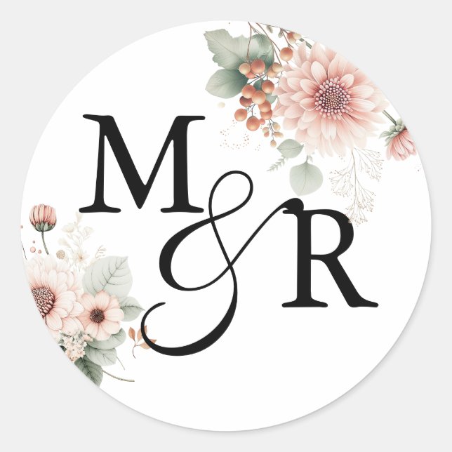 Sticker Rond Monogramme de mariage élégant boho rose poussiéreu (Devant)