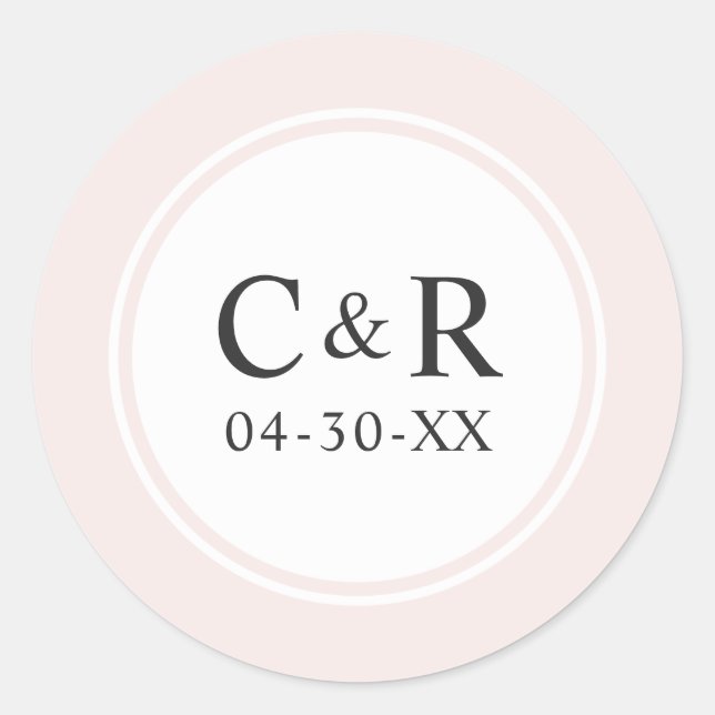 Sticker Rond Monogramme de mariage élégant simple rose pâle (Devant)
