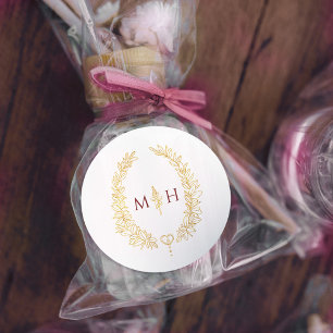 Sticker Rond Monogramme de mariage en couronne ovale or rouge f