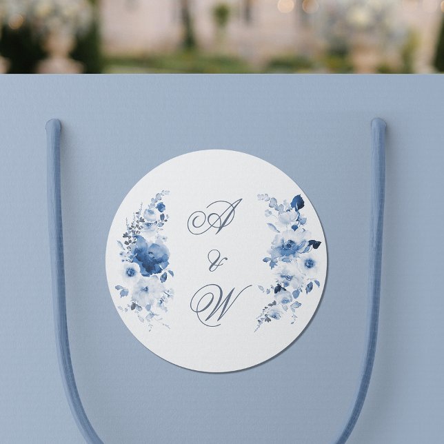 Sticker Rond Monogramme de mariage floral aquarelle bleu poussi (Créateur téléchargé)