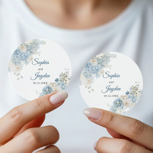 Sticker Rond Monogramme de mariage floral bleu poussiéreux aqua
