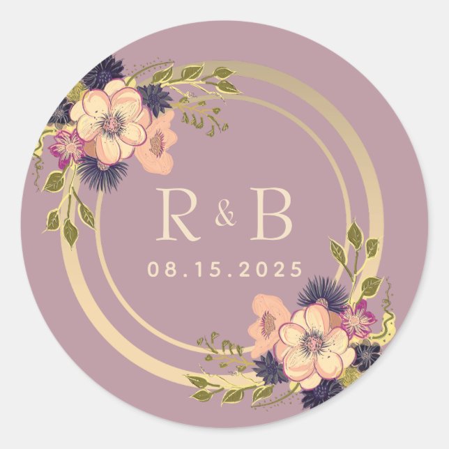 Sticker Rond Monogramme de mariage Floral Dusty Rose (Devant)