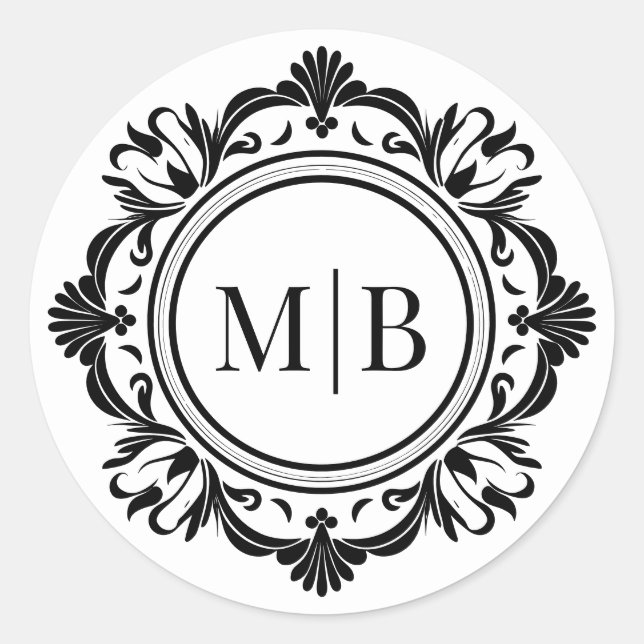 Sticker Rond Monogramme de mariage floral noir et blanc orné (Devant)