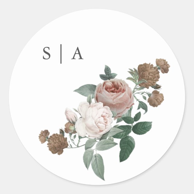 Sticker Rond Monogramme de mariage floral vintage (Devant)