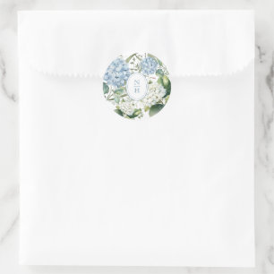 Sticker Rond Monogramme de mariage Hydrangea Bleu Poussiéreux
