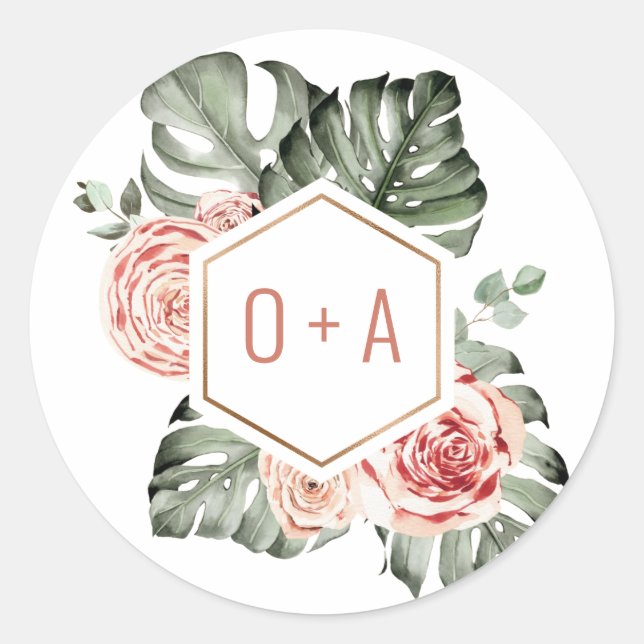 Sticker Rond Monogramme de mariage Palmier Tropical et Roses (Devant)