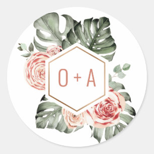 Sticker Rond Monogramme de mariage Palmier Tropical et Roses