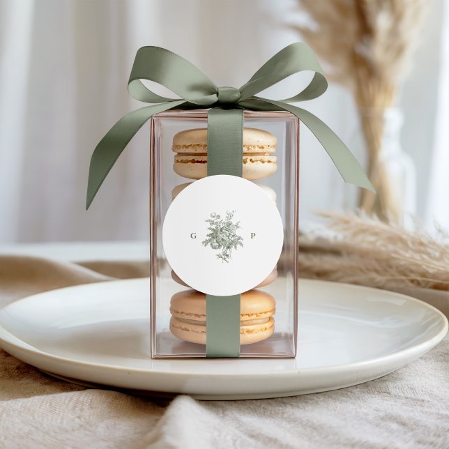 Sticker Rond Monogramme de mariage vert sauge classique (Créateur téléchargé)