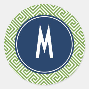 Sticker Rond Monogramme de Motif clé grecque bleu vert et bleu