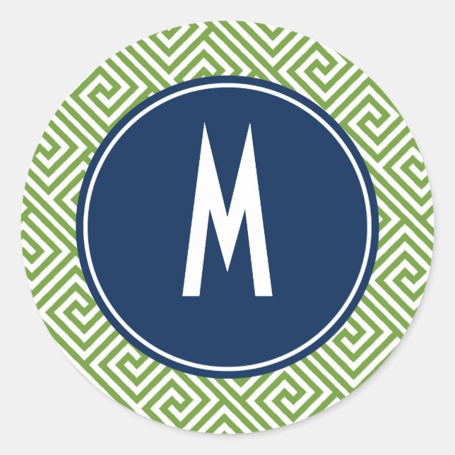 Sticker Rond Monogramme de Motif clé grecque bleu vert et bleu  (Devant)