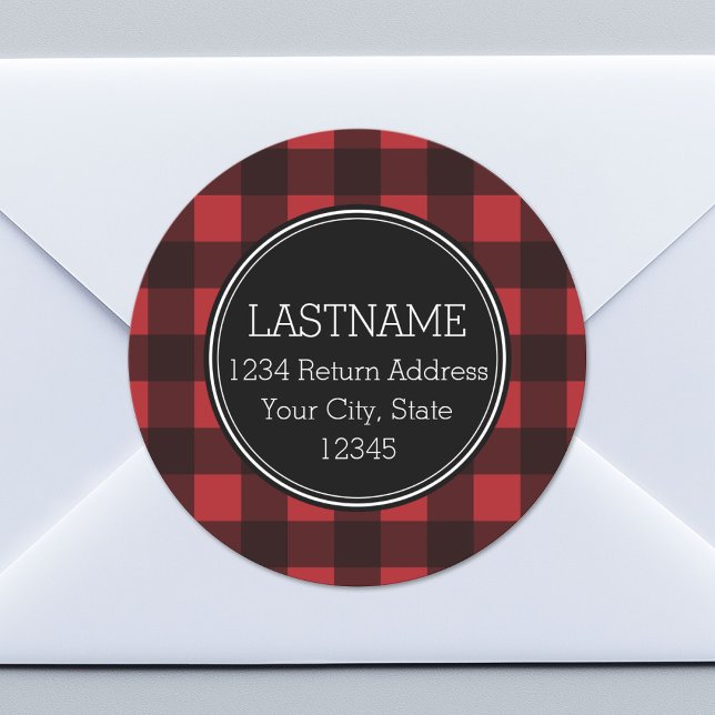 Sticker Rond Monogramme de Motif de Buffle Noir Rouge Rustique (Custom Return Address Sticker)