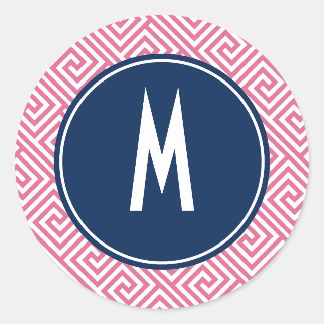 Sticker Rond Monogramme de Motif de clé grecque rose et bleu ma (Devant)
