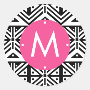 Sticker Rond Monogramme de Motif tribal géométrique rose-noir