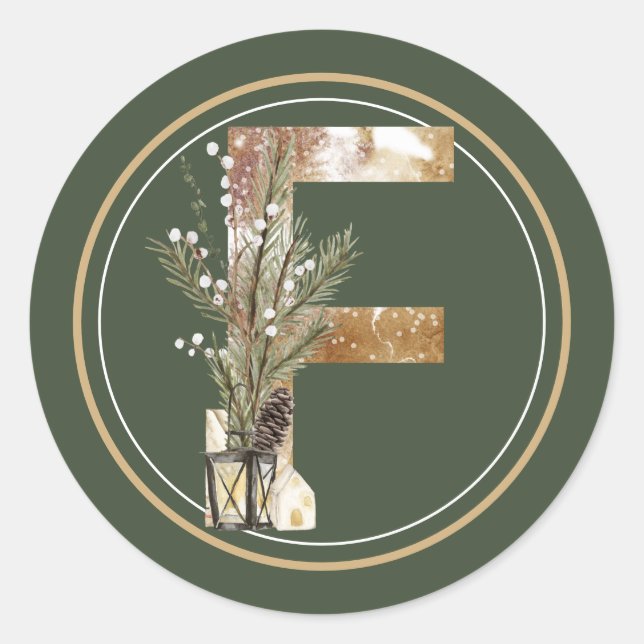 Sticker Rond Monogramme de Noël de Boho F avec lanterne et brin (Devant)