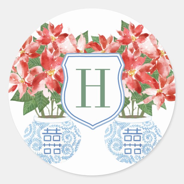 Sticker Rond Monogramme de Noël des Fêtes Rouge Festif Poinsett (Devant)