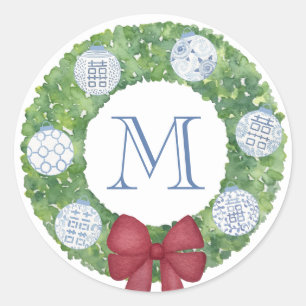 Sticker Rond Monogramme de Noël personnalisé Boxwood Wreath