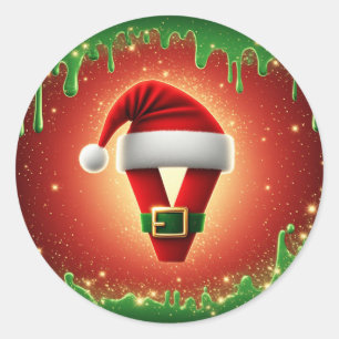 Sticker Rond Monogramme de Noël personnalisé V avec chapeau de