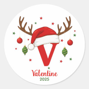 Sticker Rond Monogramme de Noël personnalisé V Chapeau de Père