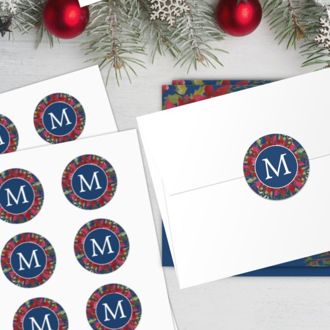 Sticker Rond Monogramme de Noël Poinsettia Botanique Élégant (Créateur téléchargé)