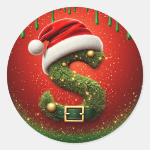 Sticker Rond Monogramme de Noël S avec chapeau de Père Noël Cad