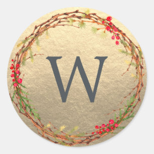 Sticker Rond Monogramme de Noël Vert hiver Wreath Gold