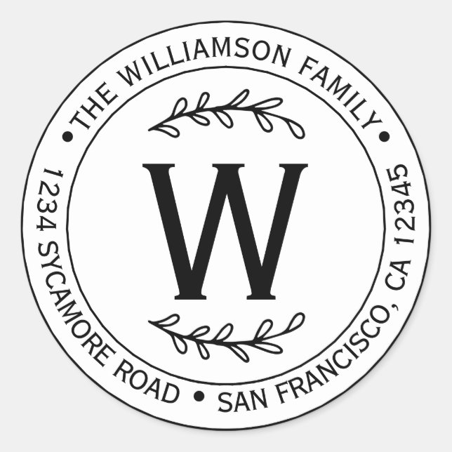 Sticker Rond Monogramme de nom de famille simple moderne Adress (Devant)