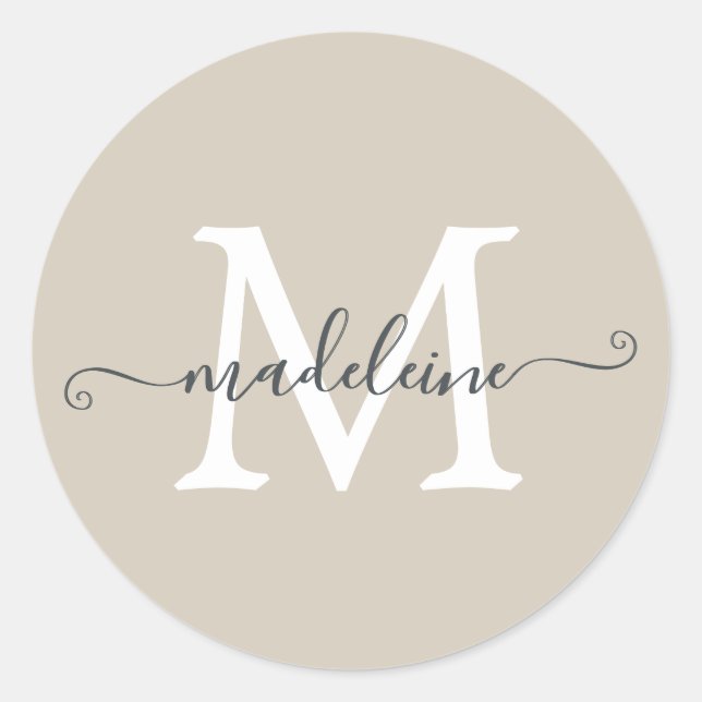 Sticker Rond Monogramme de nom de script personnalisé beige cha (Devant)