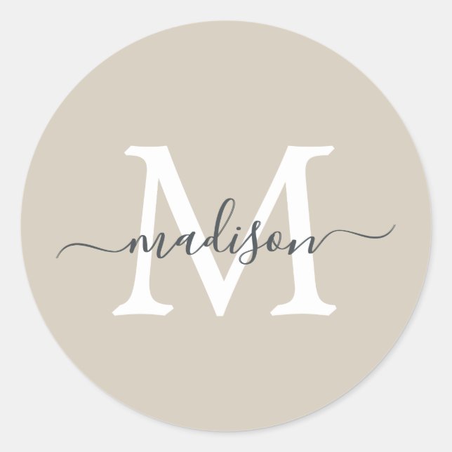 Sticker Rond Monogramme de nom de script personnalisé beige cha (Devant)
