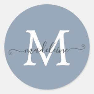 Sticker Rond Monogramme de nom de script personnalisé Bleu pous