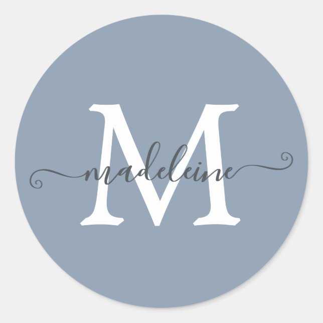 Sticker Rond Monogramme de nom de script personnalisé Bleu pous (Devant)