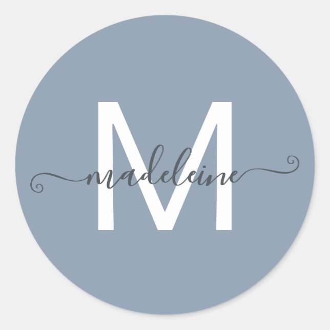 Sticker Rond Monogramme de nom de script personnalisé Bleu pous (Devant)