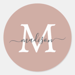 Sticker Rond Monogramme de nom de script personnalisé Rose Pous