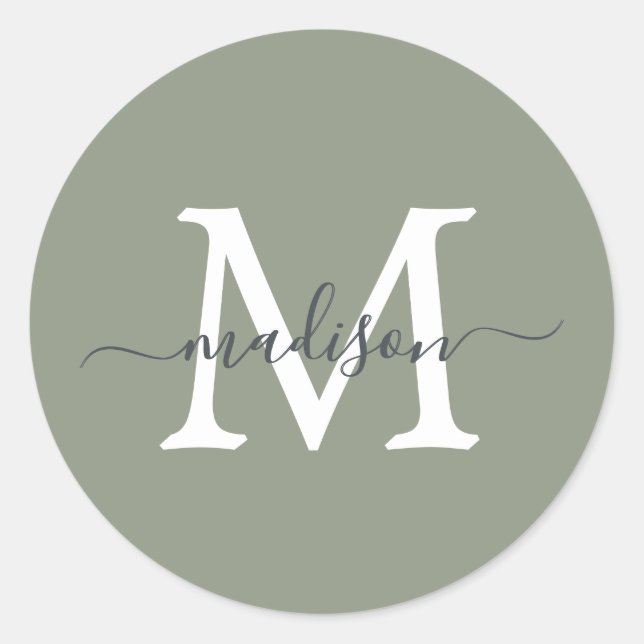 Sticker Rond Monogramme de nom de script personnalisé Vert Saug (Devant)