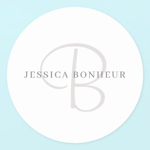 Sticker Rond Monogramme de nom élégant Blanc & Gris